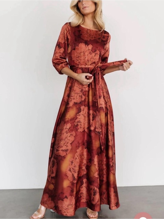 Baltic Born Dresses & Skirts - Baltic Born Paula Satin Floral Maxi Dress with Waist Tie Belt in Terracotta 2XL